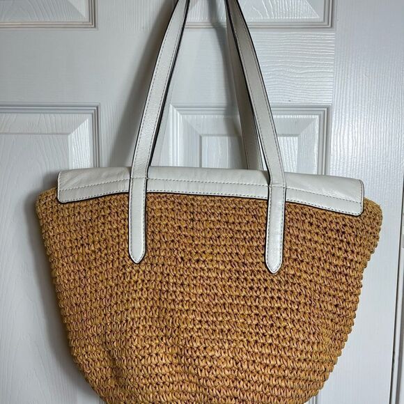Michael Kors Naomi large tan straw crochet tote bag white leather flop &… - Picture 2 of 13